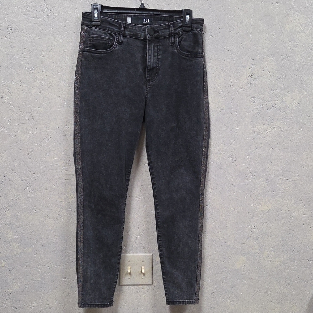 Kut from the Kloth Women's Dark Gray High Rise Skinny Jeans With Bling Side Stri